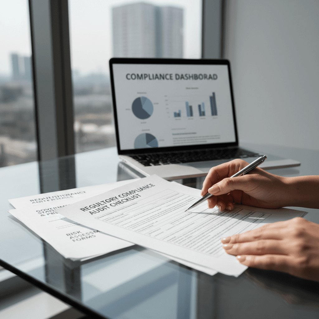 Compliance specialist reviewing enterprise regulatory framework documentation